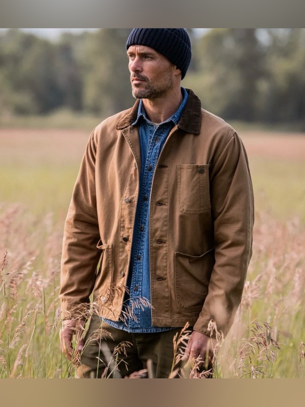 Men's Tan Canvas Field Jacket with Corduroy Collar